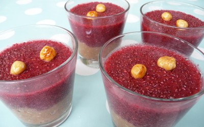 Pudding de choco-avellanas con chia-tina de frambuesa