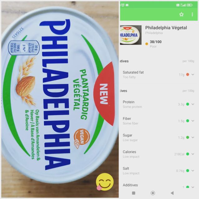 Amazing taste! Pretty close to the original version. 👌 Good ingredients (low in allergens) 👏 Still: very fat! So eat in moderation if you are on a diet 🙃
Muy rico! Versión cercana a la original! Buenos ingredientes... Pero alto en grasas! Ojo gente a dieta 🤤

 #eatvegan #plantbased #vegan #philadelphia # #vegano #creamcheese #yuka #eathealthy #vegancheesdairyfreecheese #veganfood
